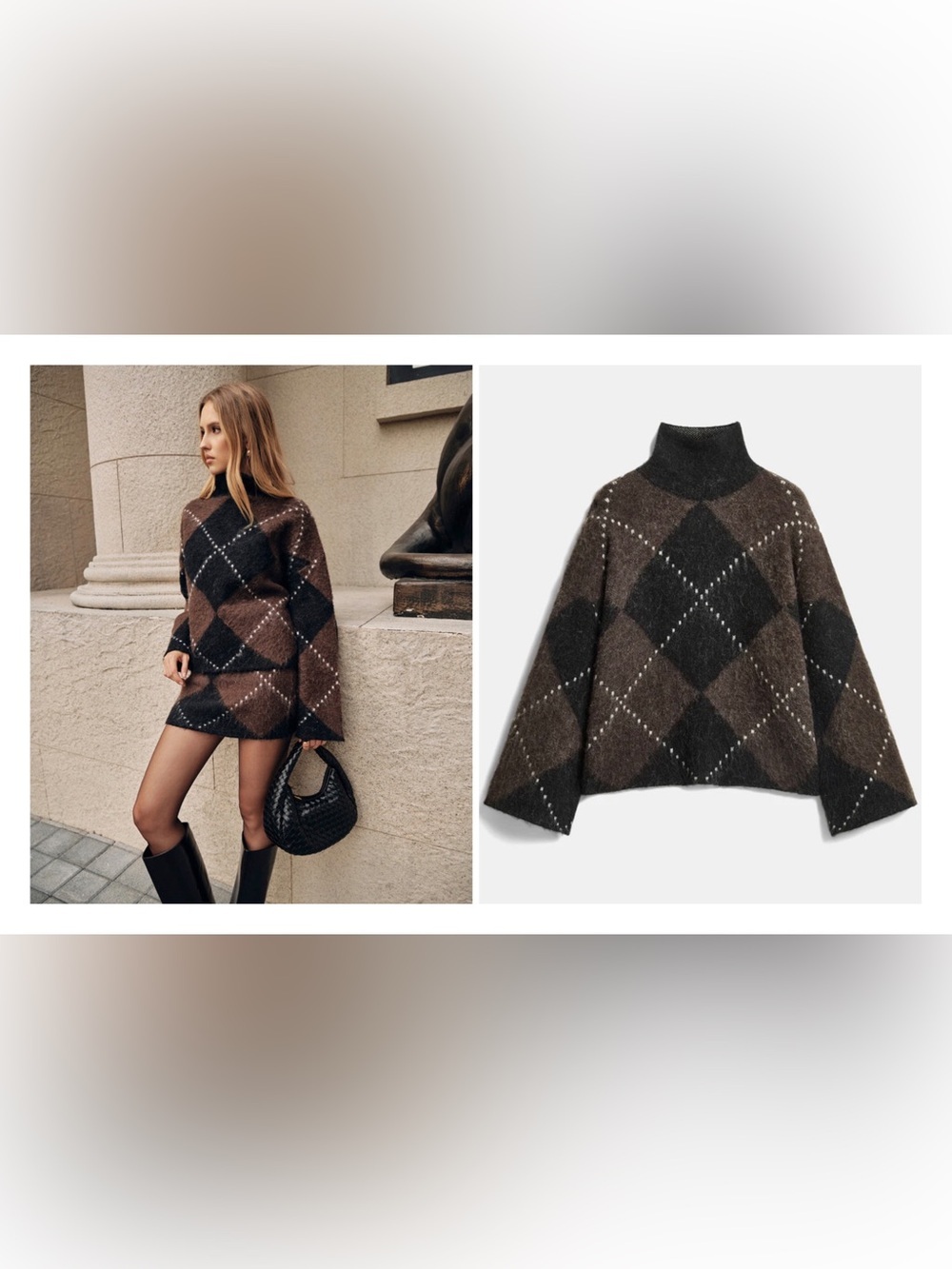 Commense Brown and Black Argyle Turtleneck Sweater